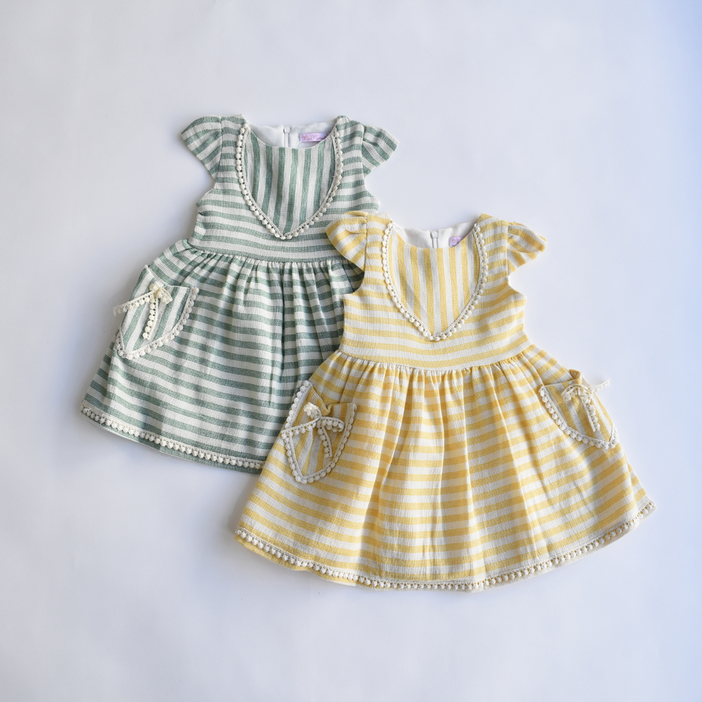 Sunshine Stripes Girls Cotton Dress - Yellow & Green