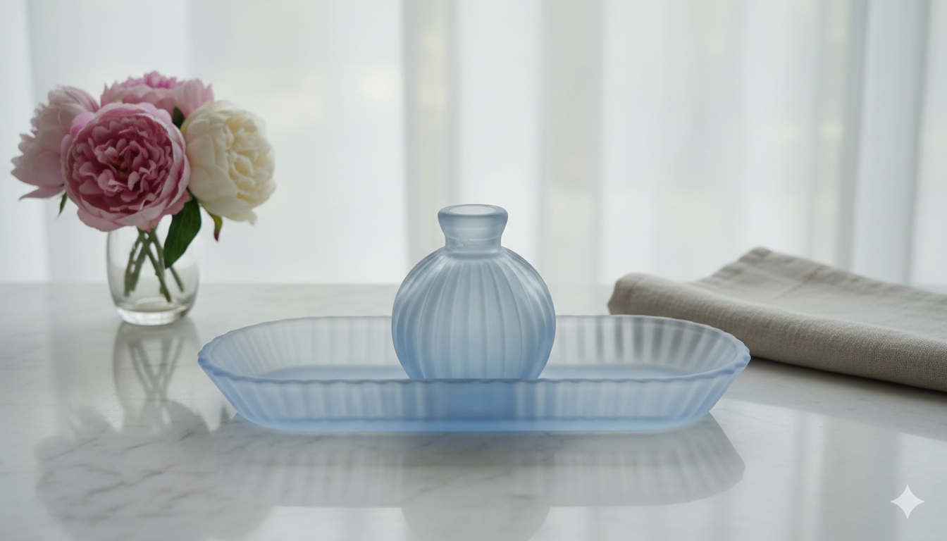 Vintage Frosted Blue Vanity Set with Perfume Bottle and Tray