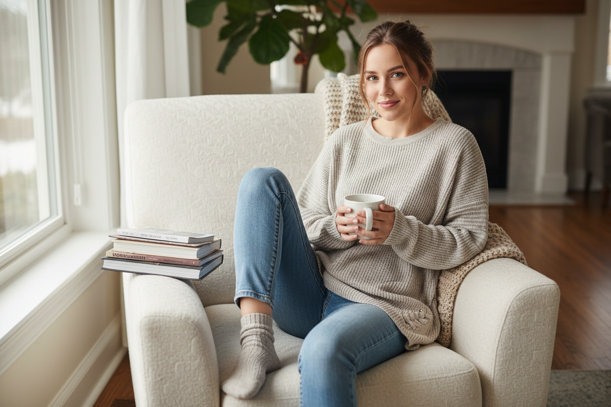 Woman modeling beige ribbed sweater