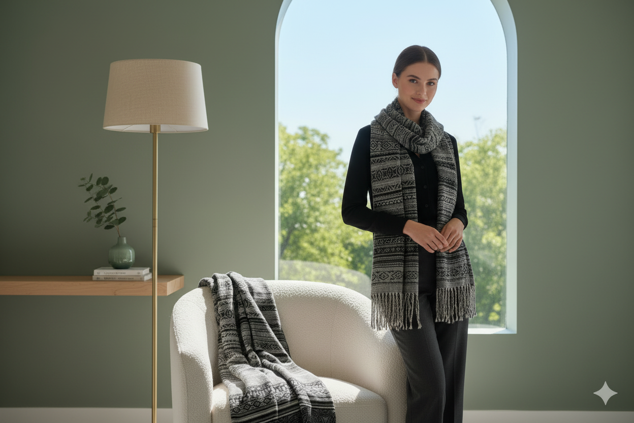Woman modeling black and white patterned scarf