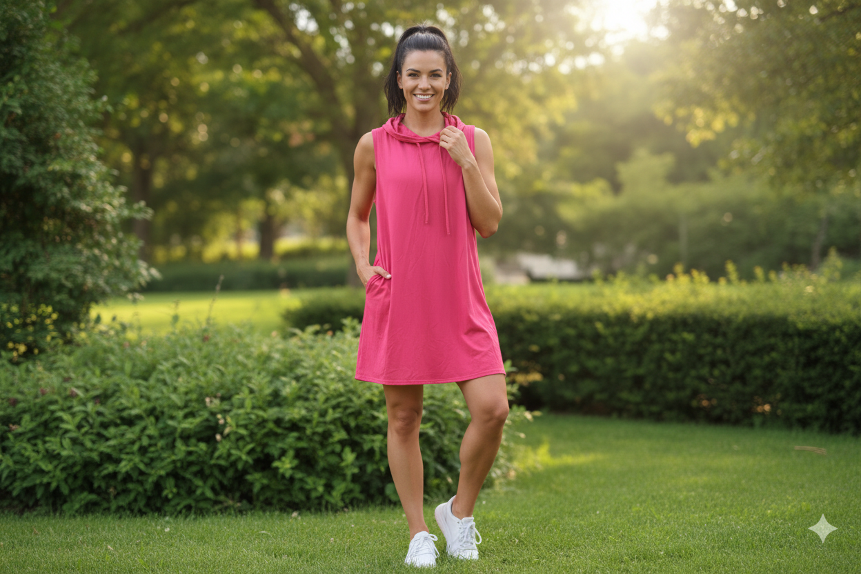 Woman modeling pink sleeveless hoodie dress